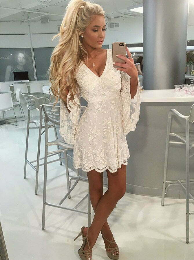 Off-the-Shoulder Bell Sleeves Short White Lace Homecoming Cocktail Dress cute homecoming dress
