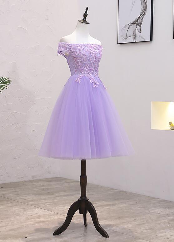 Light Purple Lace And Tulle Off The Shoulder Homecoming Dress Short Party Dress