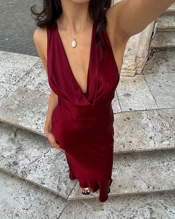 Burgundy Prom Dresses Deep V Neck Evening Dress