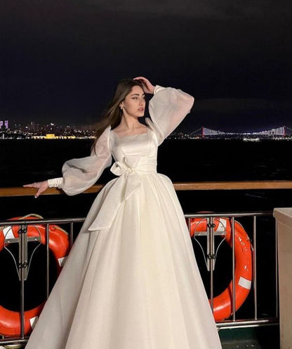 White Tulle Long Sleeve Prom Gown Wedding Dress