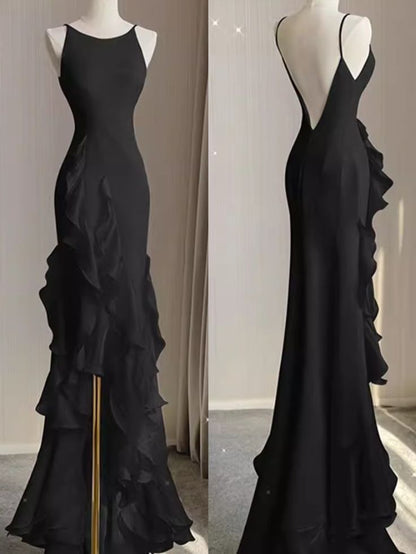 Black Mermaid Beach Wedding Dress With Ruffles Spaghetti Straps Backless Prom Gown