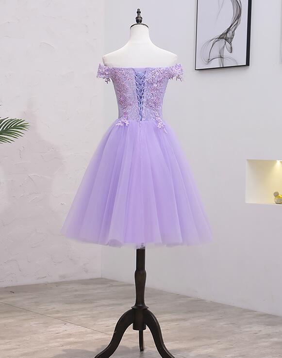 Light Purple Lace And Tulle Off The Shoulder Homecoming Dress Short Party Dress