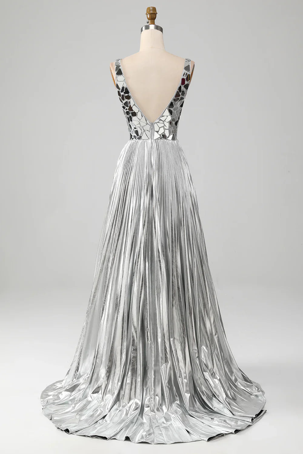 DingJiDress Sparkly A-Line V-Neck Silver Prom Dress with Slit