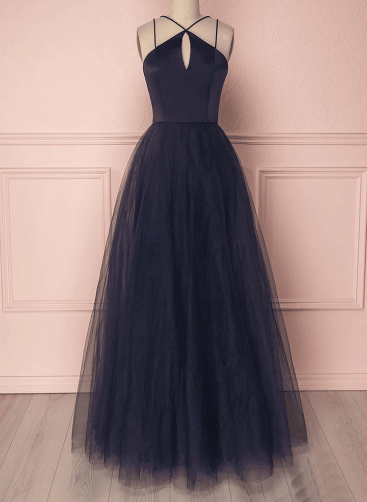 A-line Tulle Navy Blue Long Straps Prom DressNavy Blue Tulle Long Evening Dress