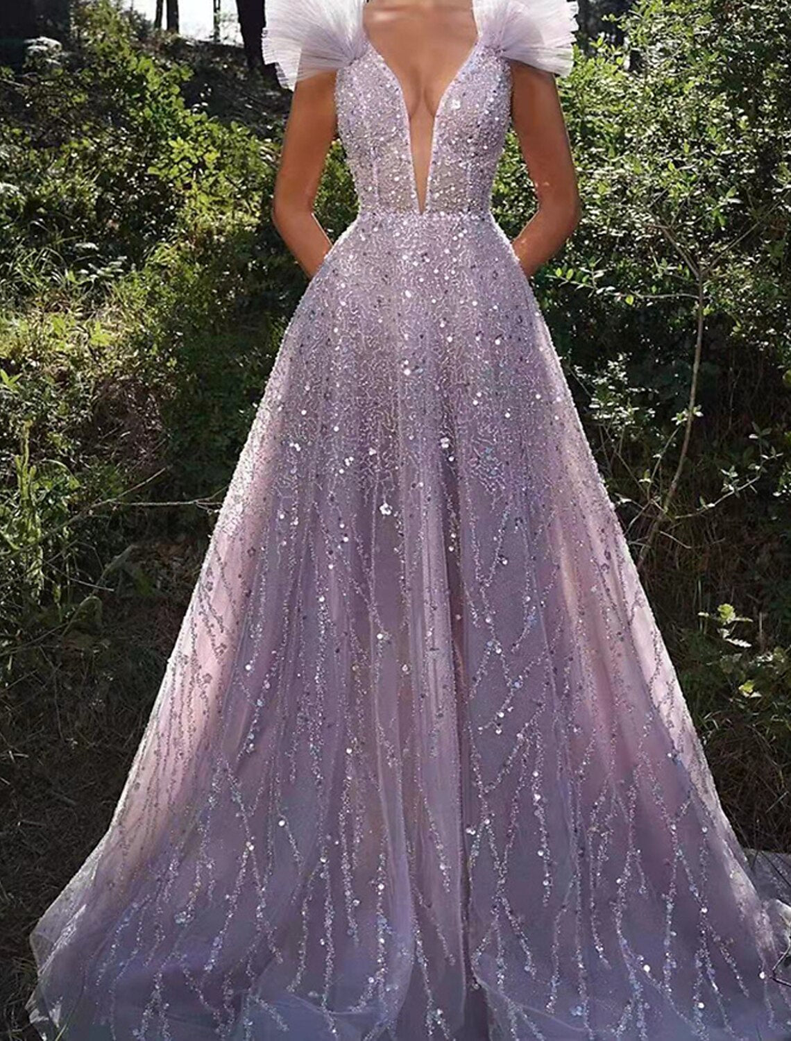 A-Line Prom Dresses Sparkle & Shine Dress Formal Wedding Party Floor Length Sleeveless V Neck Sequined Backless with Sequin Masquerade Dress