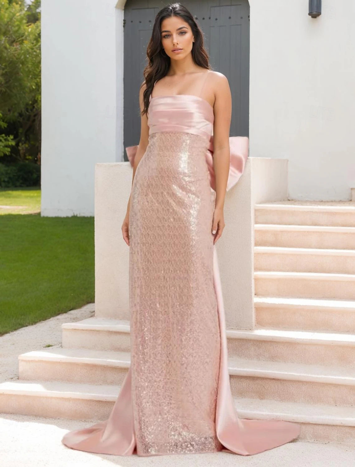 PInk Dress Evening Sequin Beaded Gown Elegant Dress Formal Wedding Floor Length Sleeveless Off Shoulder Satin with Bow