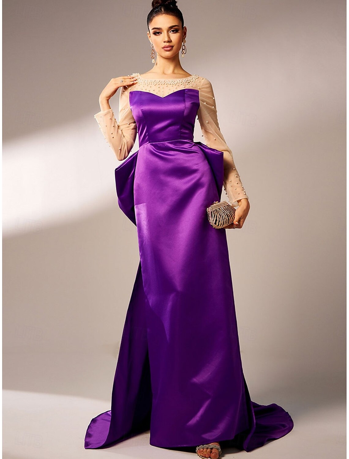 Mermaid / Trumpet Party Dresses Elegant Dress Wedding Wedding Guest Sweep / Brush Train Long Sleeve Crew Neck Polyester with Beading Sequin