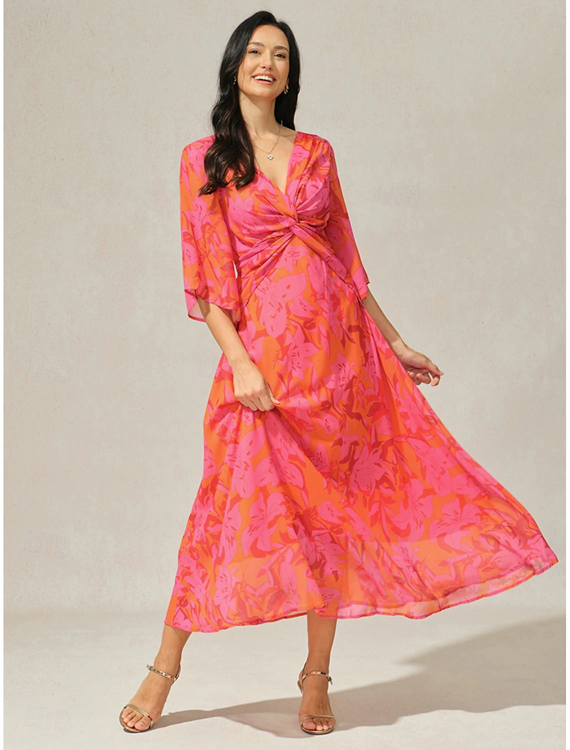 Women's Maxi Dress A Line Dress Elegant Flared Sleeve Wedding Guest Cocktail Party Regular Fit Floral 3/4 Length Sleeve V Neck Red Summer