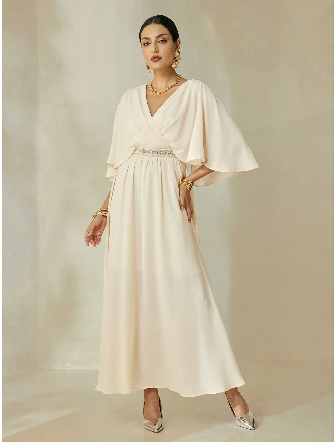 Chiffon Elegant Beading Half Sleeve Maxi Dress