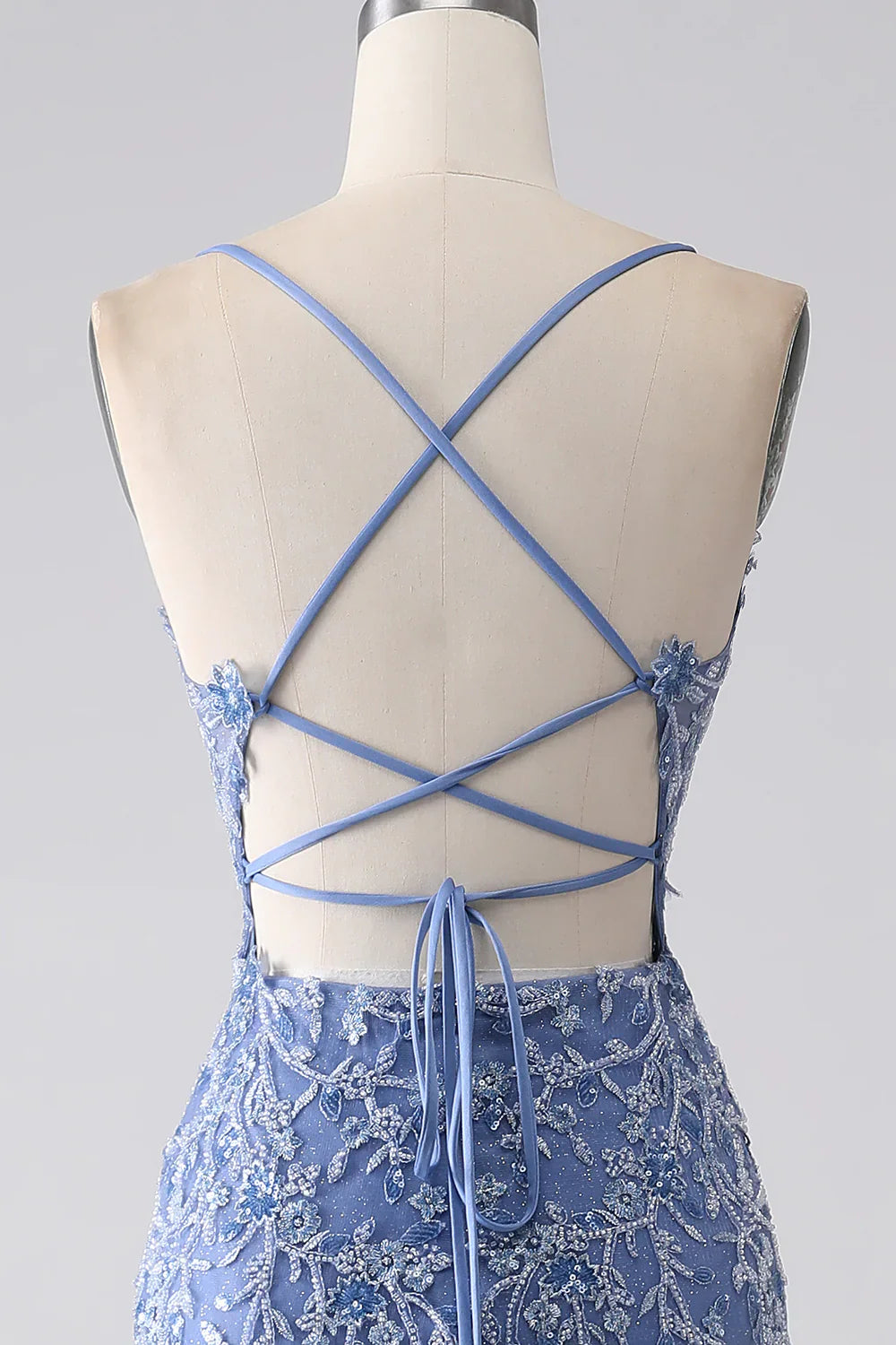 DingJiDress Grey Blue Mermaid Spaghetti Strap Beaded Backless Prom Dress With Appliques