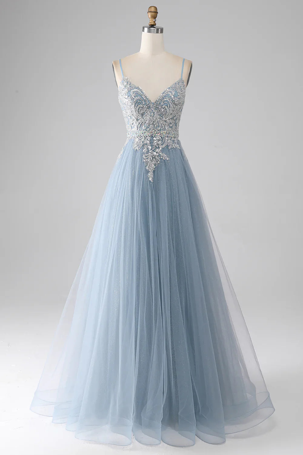 DingJiDress Grey Blue Mermaid Spaghetti Straps Sparkly Sequin Long Prom Dress