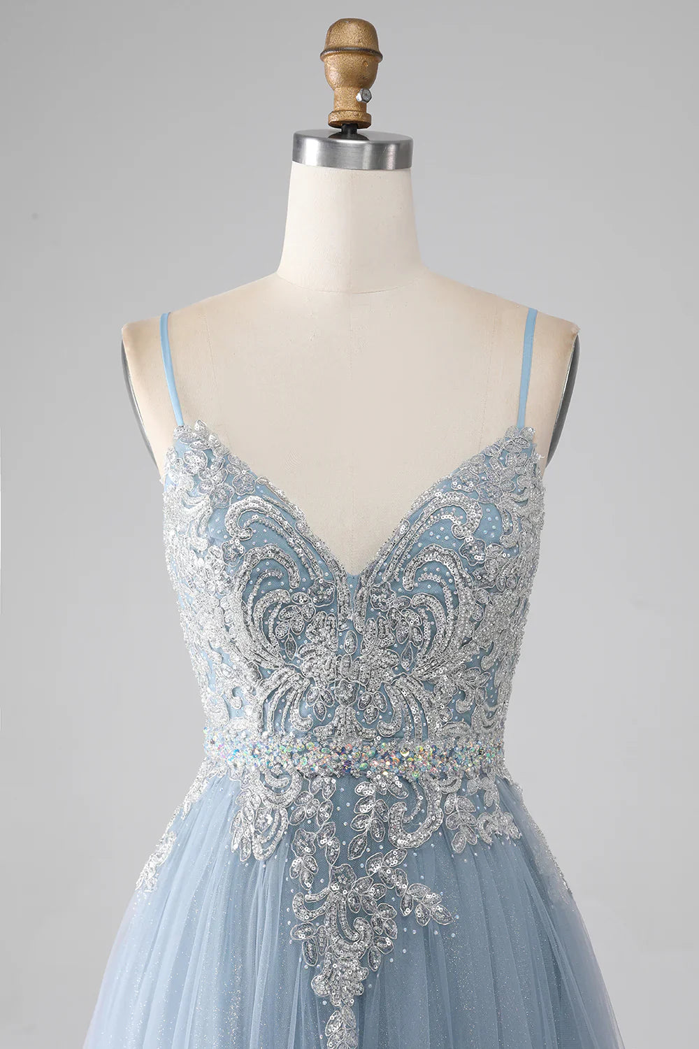 DingJiDress Grey Blue Mermaid Spaghetti Straps Sparkly Sequin Long Prom Dress