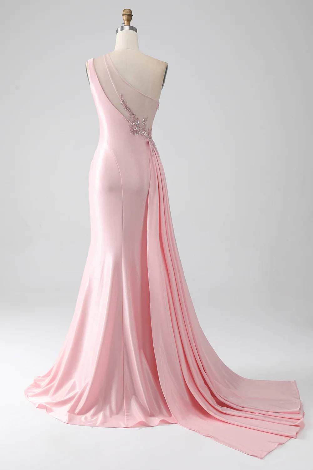 DingJiDress Pink Mermaid One Shoulder Sequins Appliques Ruched Prom Dress With Slit