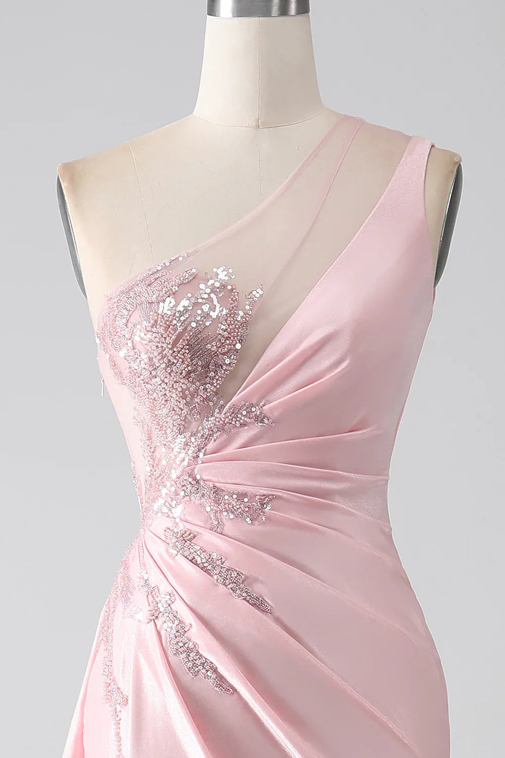DingJiDress Pink Mermaid One Shoulder Sequins Appliques Ruched Prom Dress With Slit