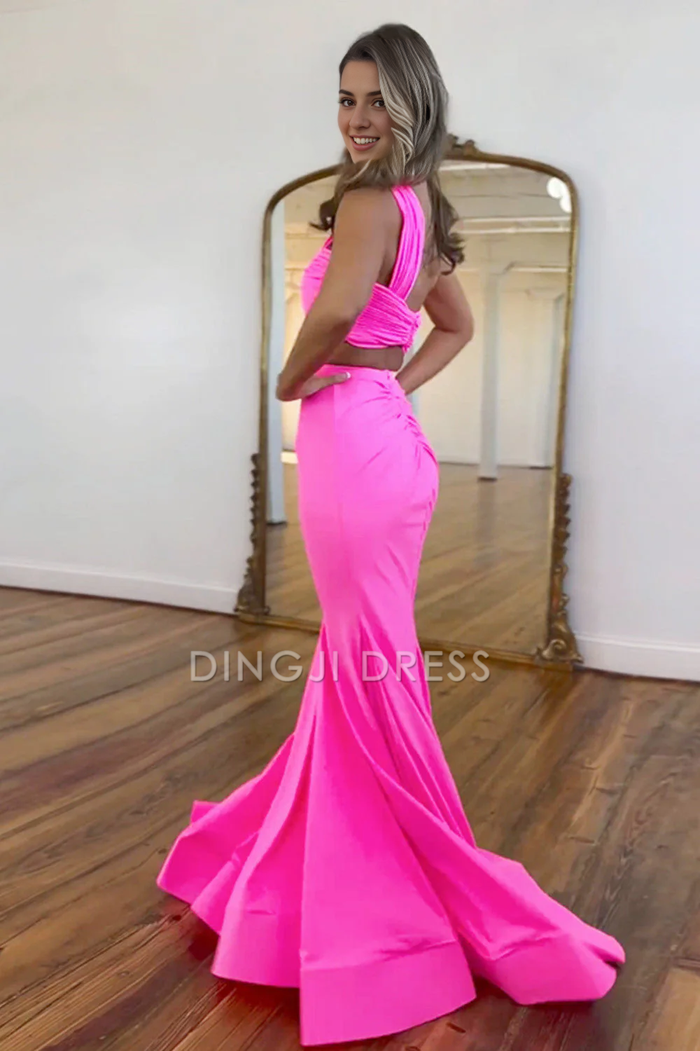 DingJiDress Satin Mermaid One Shoulder Cutout Waist Long Sweep Train Charming Prom Dress