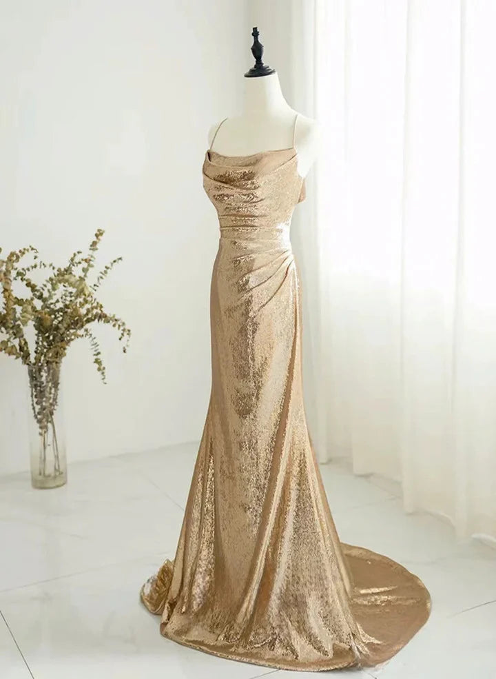 Chic Champagne Sequins Long Prom DressSequins Champagne Formal Dress