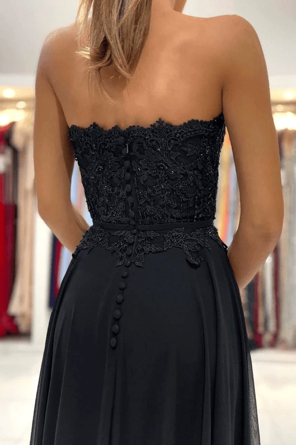 Black Chiffon Sweetheart with Lace Long Party DressBlack Wedding Party Dress