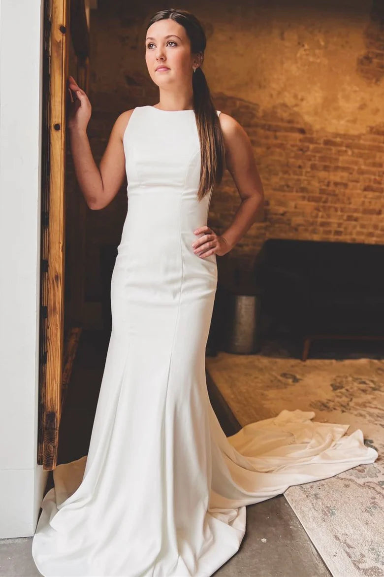 White Bateau Cutout Back Long Wedding Dress