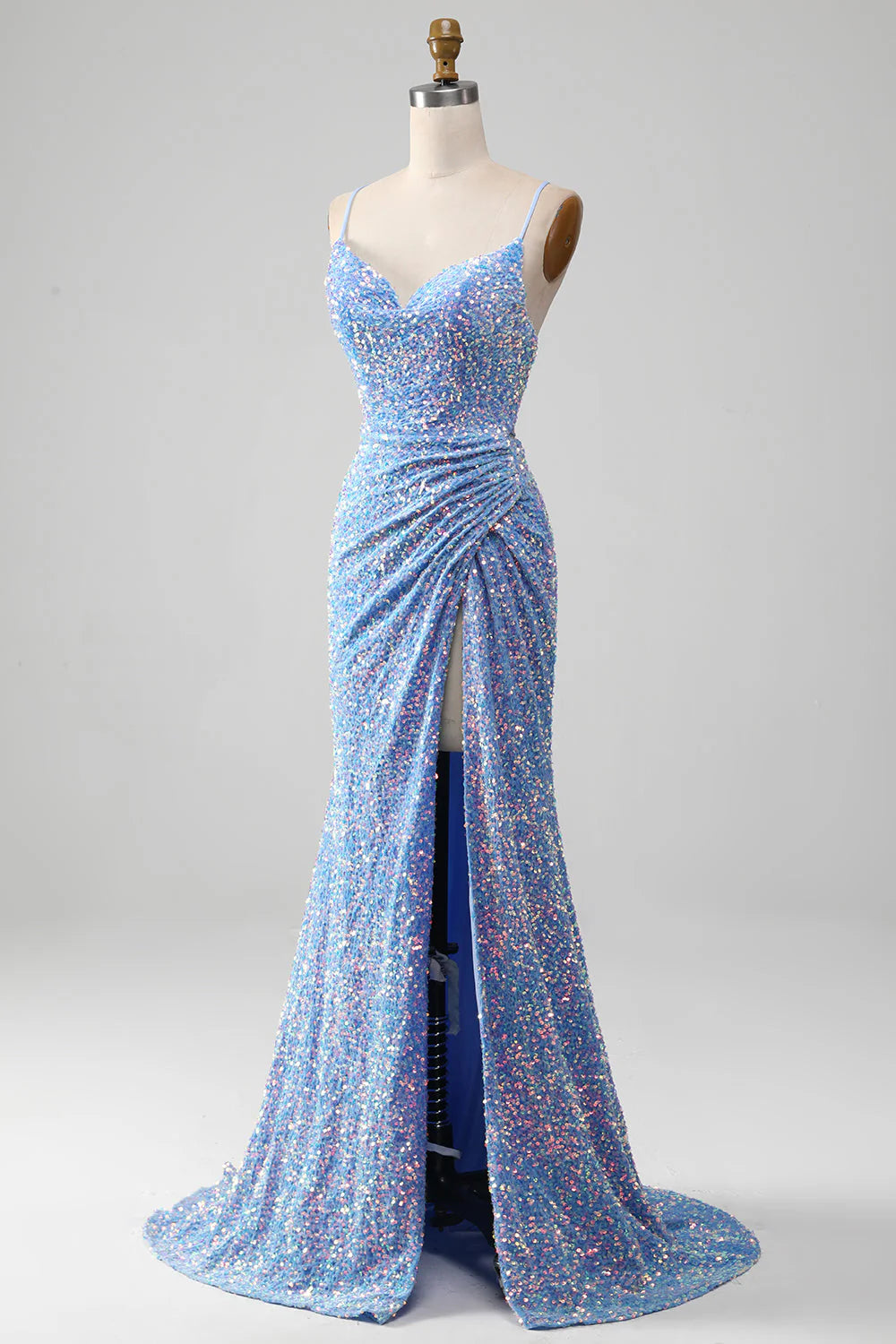 Light blue long sequined slim shoulder mermaid slit dance dress