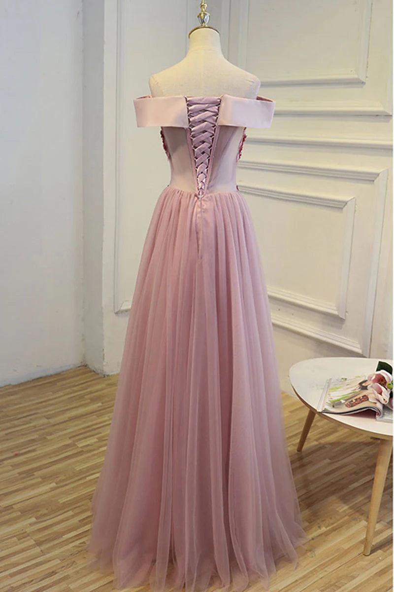 A-line off shoulder tulle long prom dress tulle bridesmaid dress