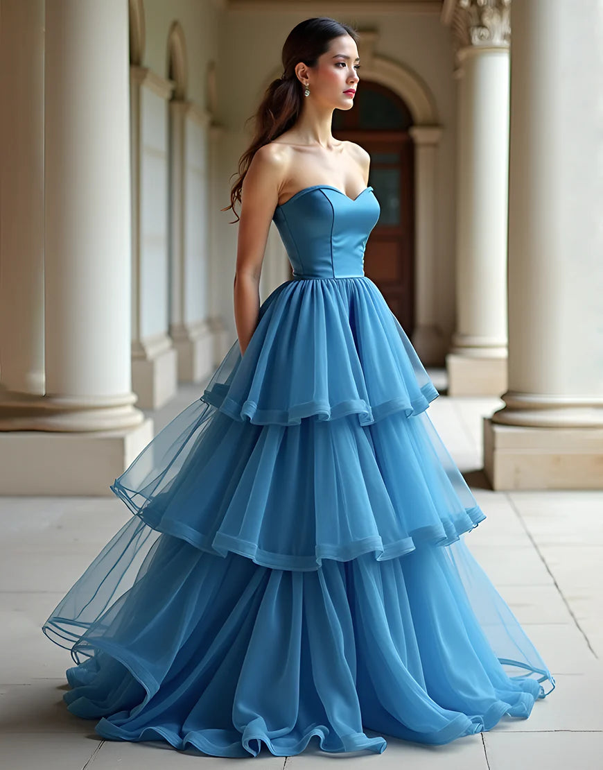 Blue A-Line Sweetheart Neck Tulle Cascading Ruffles Prom Dress