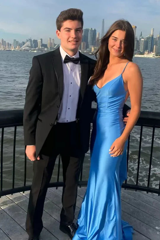 Spaghetti Straps V-Neck Sleeveless Satin Long Prom Formal Dress