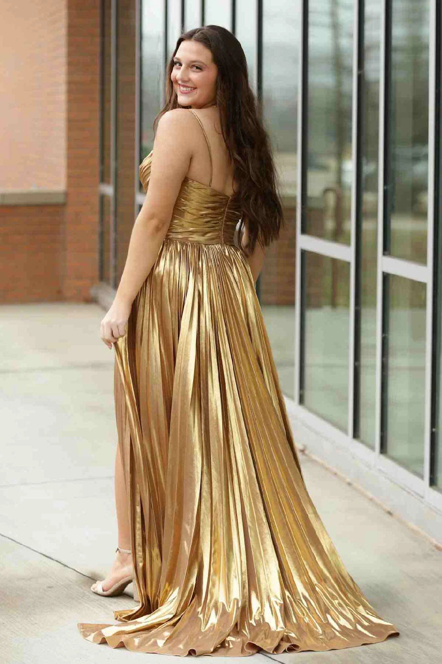 Gold A-Line Spaghetti Straps Metallic Empire-Waist Pleated Long Prom Dress with Slit