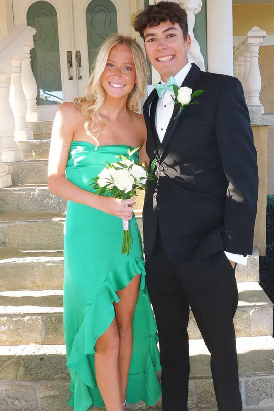 Green Strapless Ruffles Side Slit Satin Formal Prom Dress