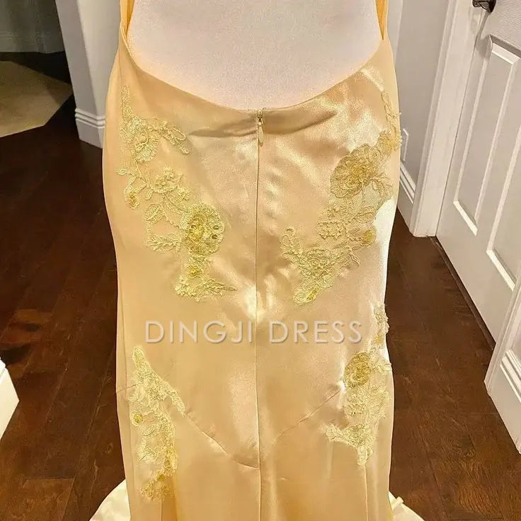 DingJiDress Mermaid Deep V Neck Satin Applique Elegant Backless Long Luxury Prom Dress