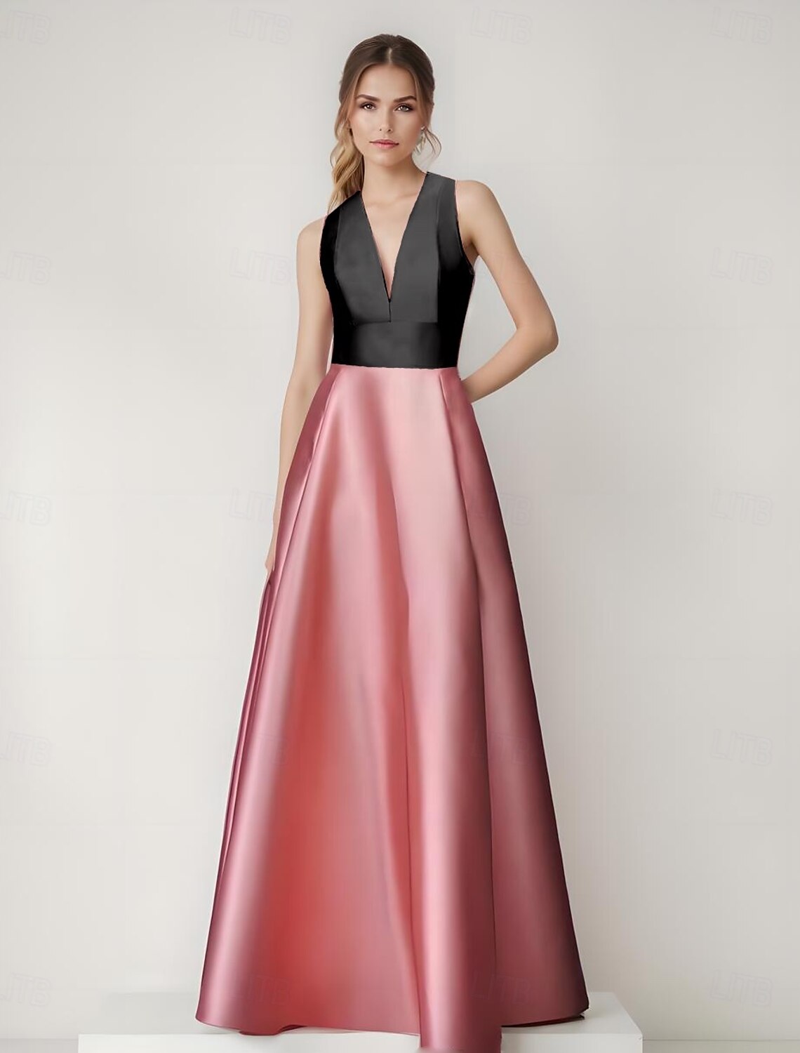 A-Line Evening Gown Pink And Black Elegant Dress Color Block Hollow Out Back Semi Formal Wedding Floor Length Sleeveless V Neck Satin with Side Pocket