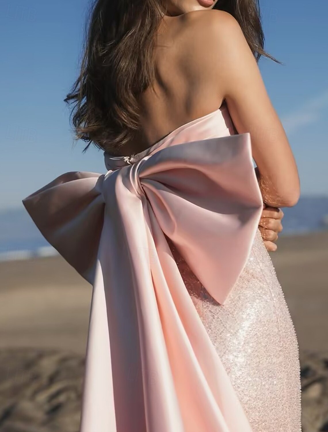 PInk Dress Evening Sequin Beaded Gown Elegant Dress Formal Wedding Floor Length Sleeveless Off Shoulder Satin with Bow