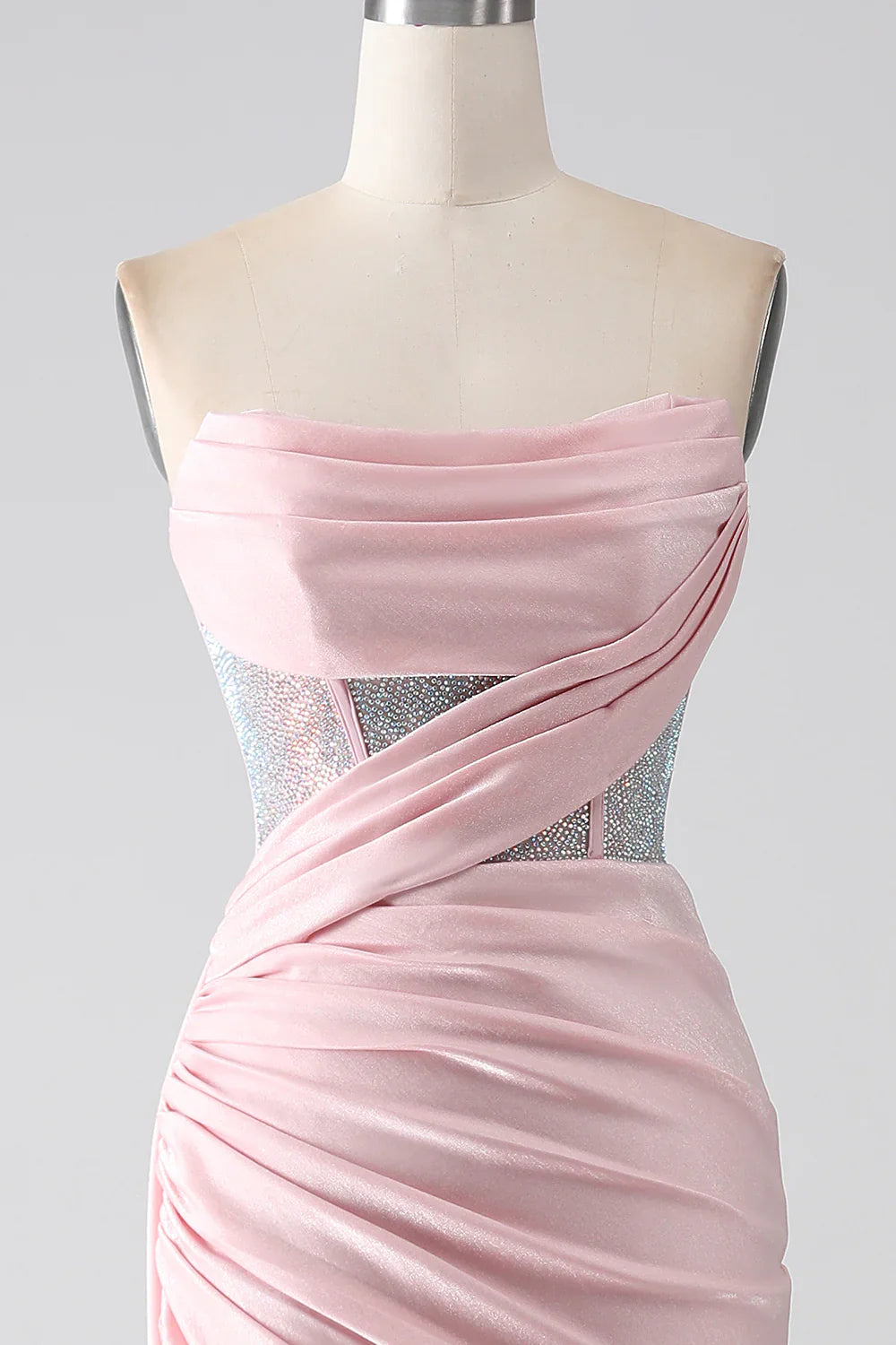DingJiDress Pink Mermaid Strapless Beaded Pleated Long Prom Dress With High Slit
