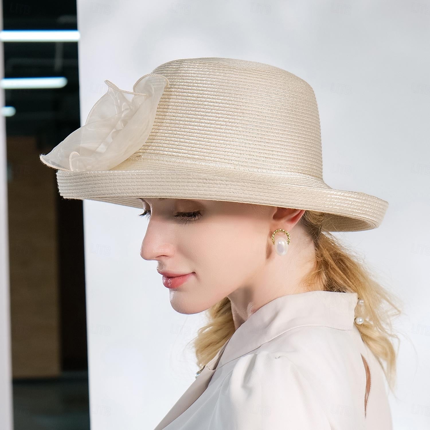DingJiDress Hats Fiber Bucket Hat Straw Hat Wedding Tea Party Elegant Wedding With Bowknot Pure Color Headpiece Headwear
