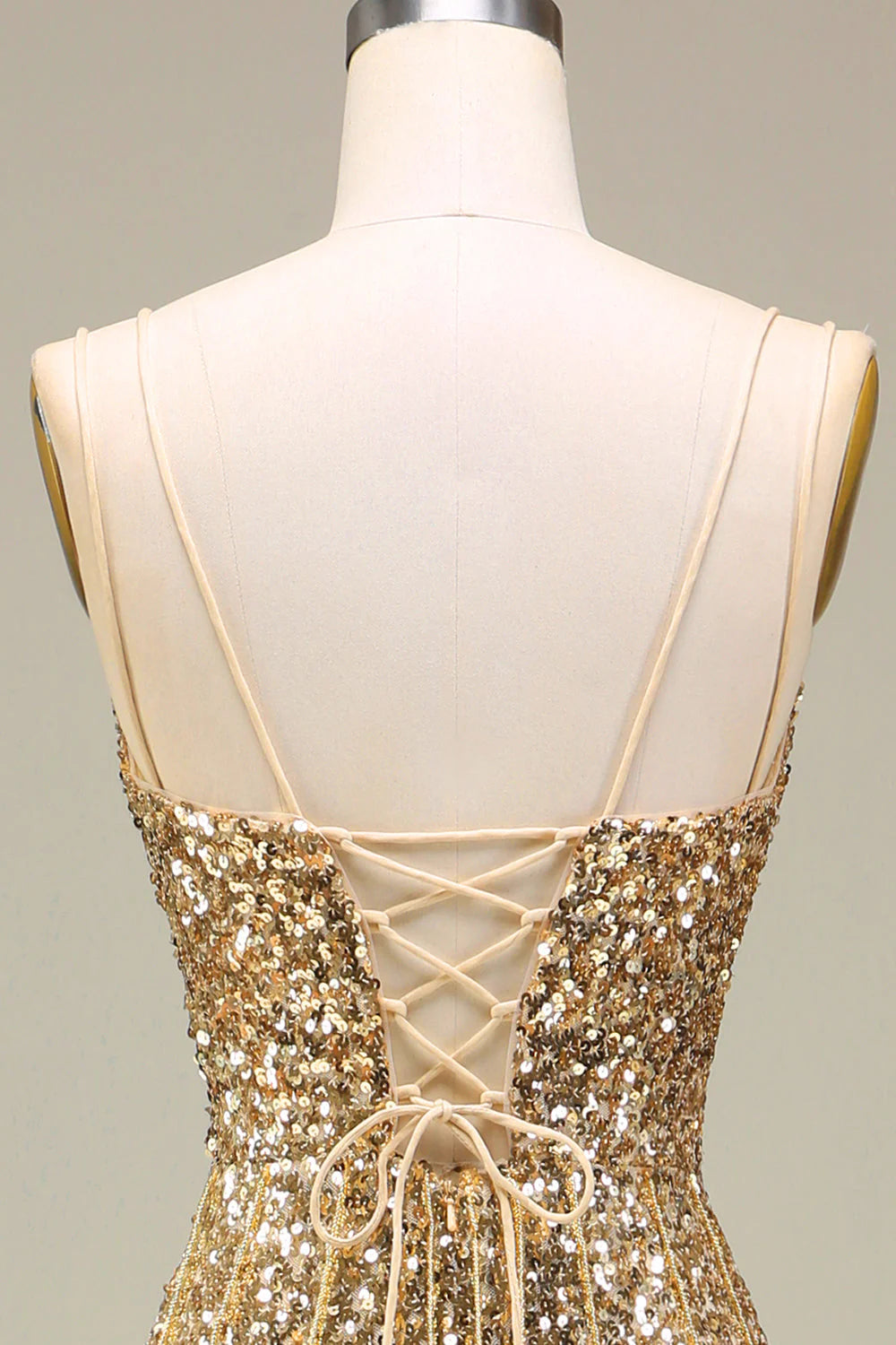 Golden V-neck long slit suspender ball gown