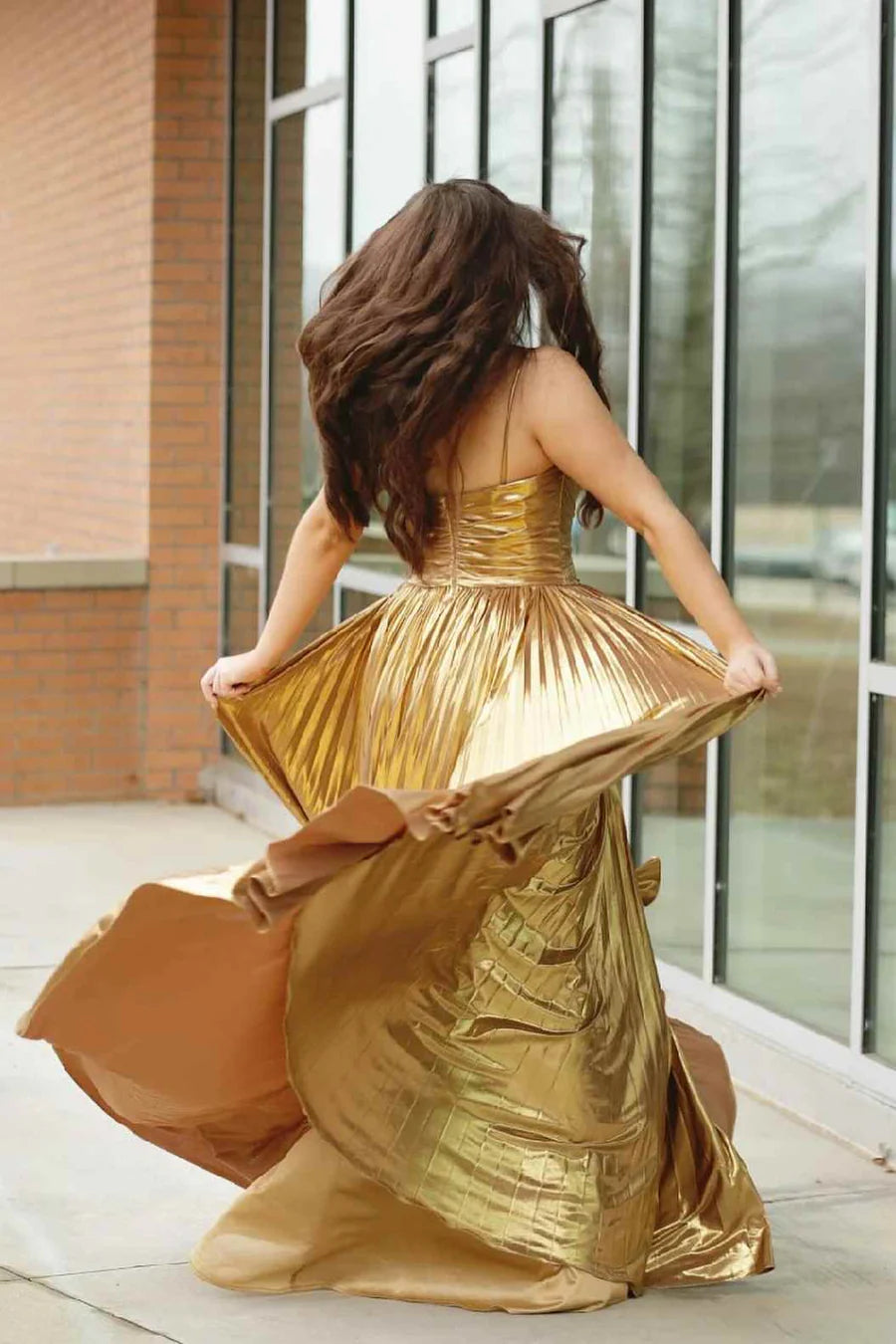 Gold A-Line Spaghetti Straps Metallic Empire-Waist Pleated Long Prom Dress with Slit