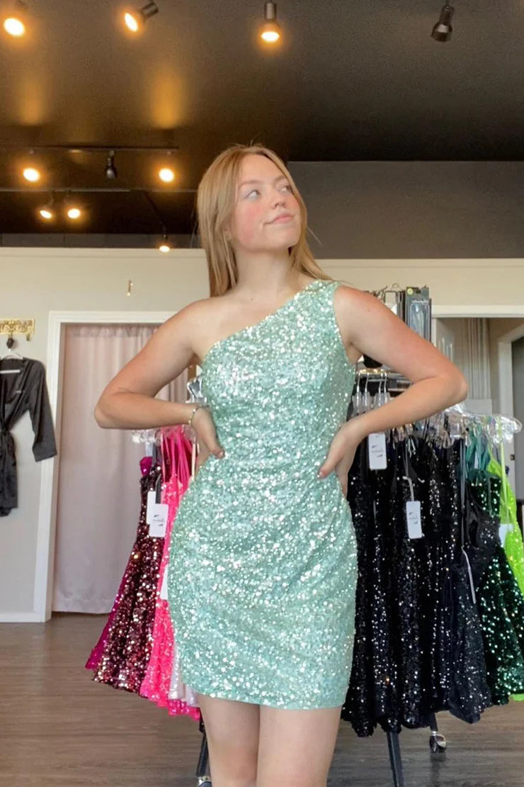 One Shoulder Mint Sequins Short Homecoming Dresses
