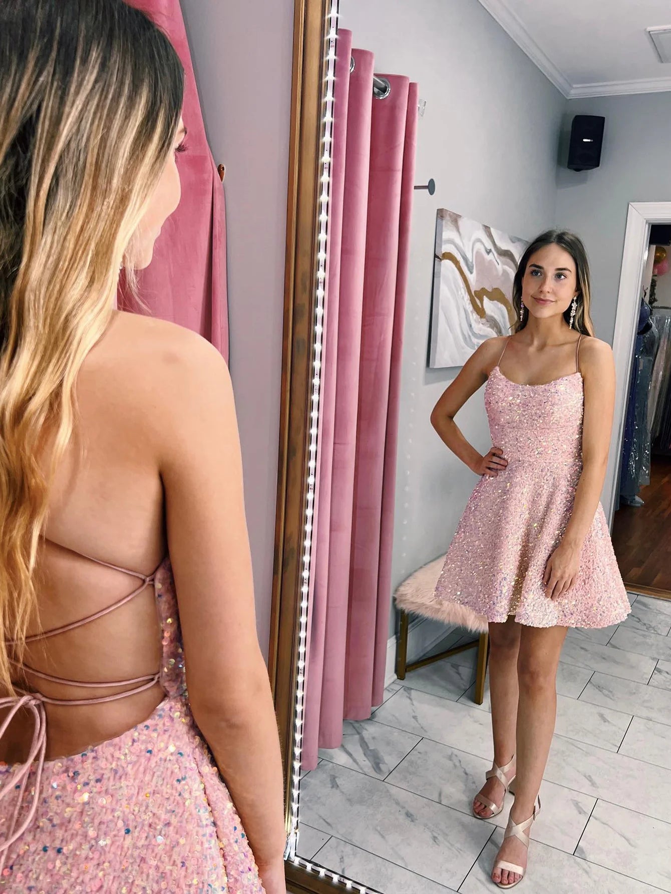 Light Pink Spaghetti Straps A Line Sequin Homecoming Dress