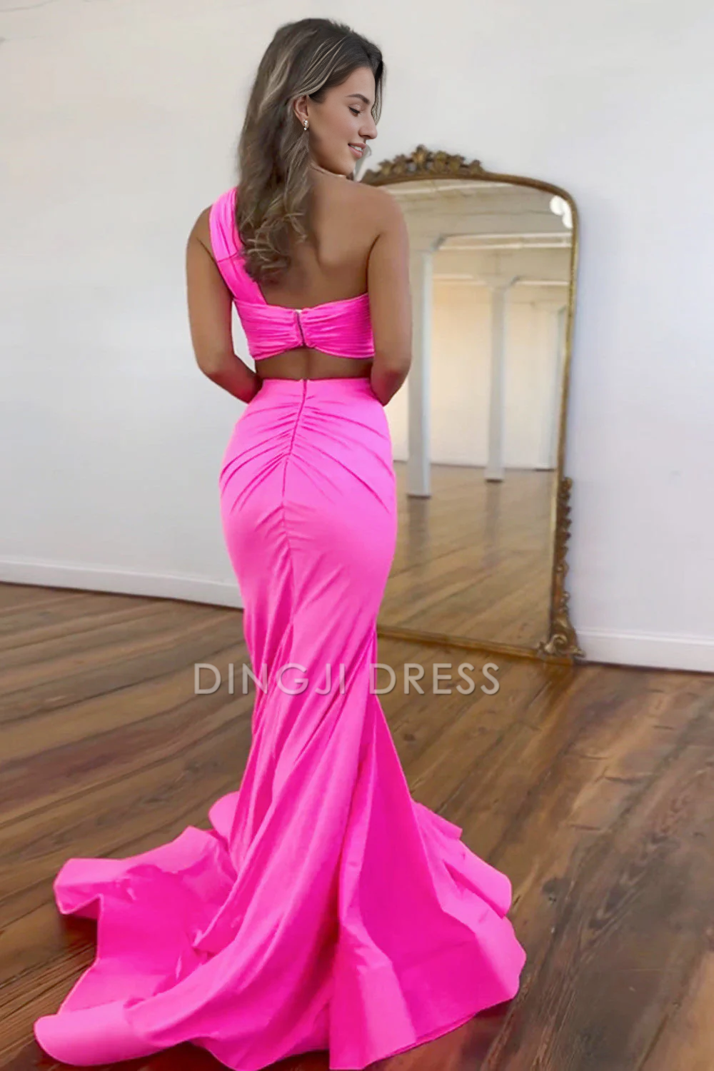 DingJiDress Satin Mermaid One Shoulder Cutout Waist Long Sweep Train Charming Prom Dress