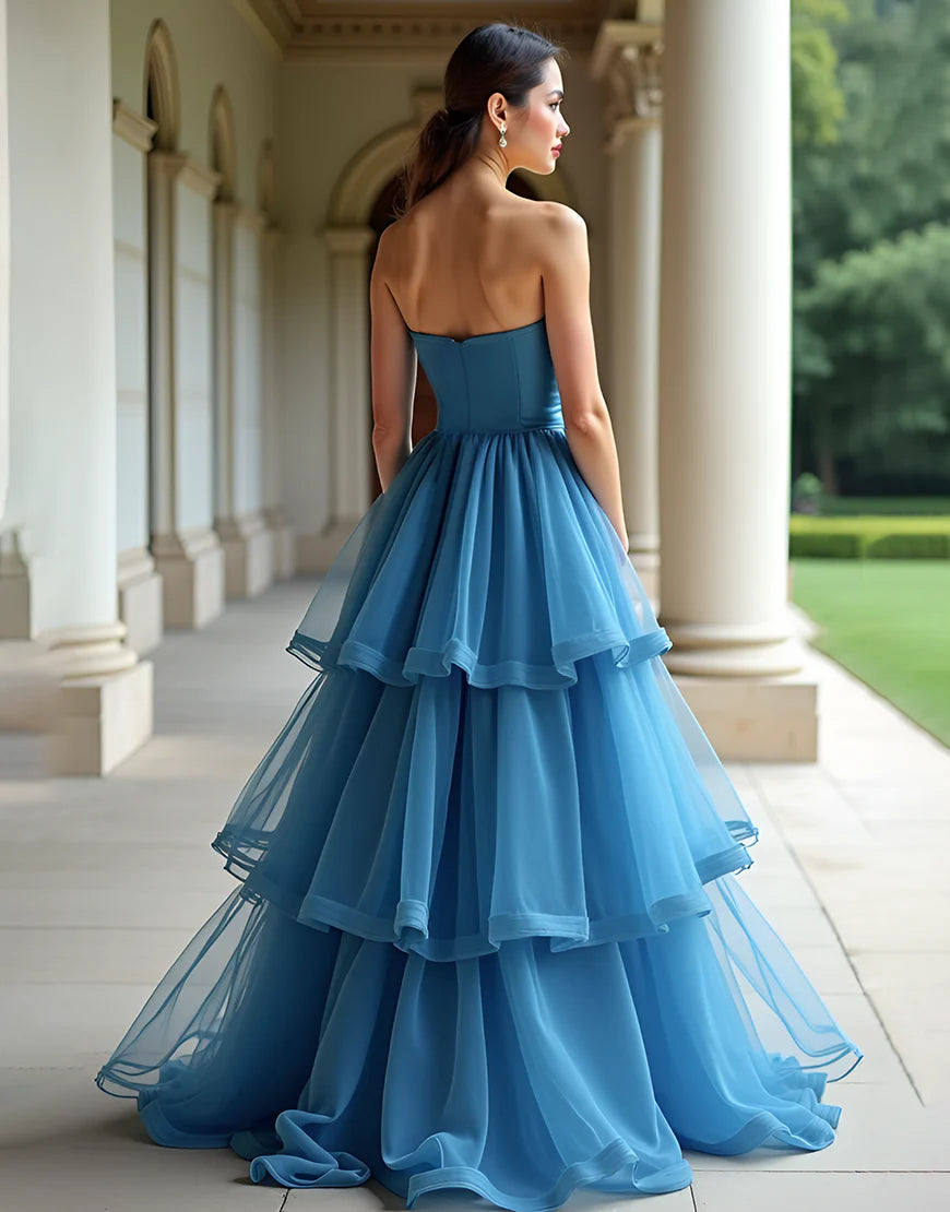 Blue A-Line Sweetheart Neck Tulle Cascading Ruffles Prom Dress
