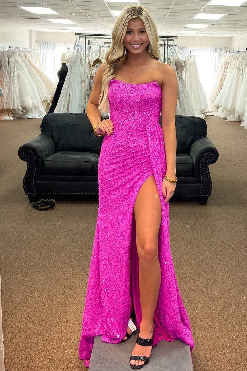 DingJiDress Sparkle Charming Evening Dress Mermaid Strapless Sequins Lace-Up Long Prom Dress Backless Side Fork Sparkle Formal Wear Dresses Wedding Guest Dresses