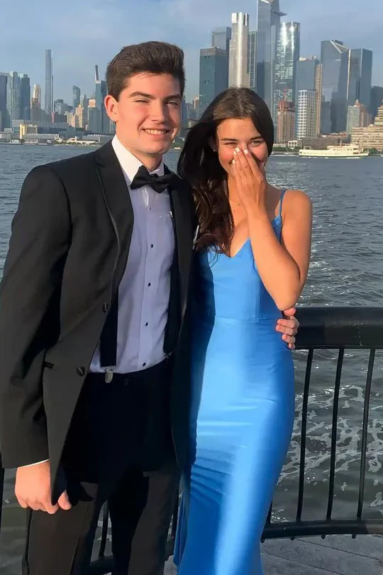 Spaghetti Straps V-Neck Sleeveless Satin Long Prom Formal Dress