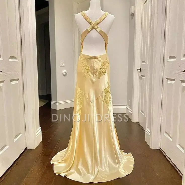 DingJiDress Mermaid Deep V Neck Satin Applique Elegant Backless Long Luxury Prom Dress