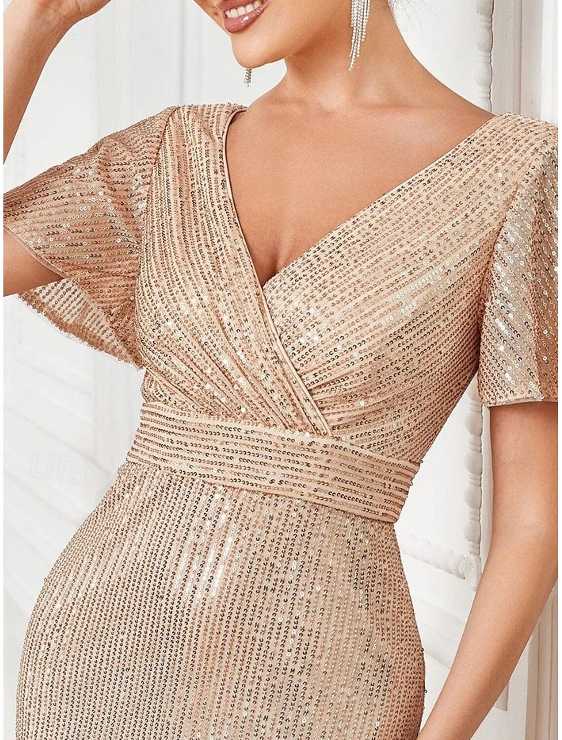 A-Line Prom Dresses Party Dress Formal Floor Length Long Sleeve V Neck Sequined with Glitter