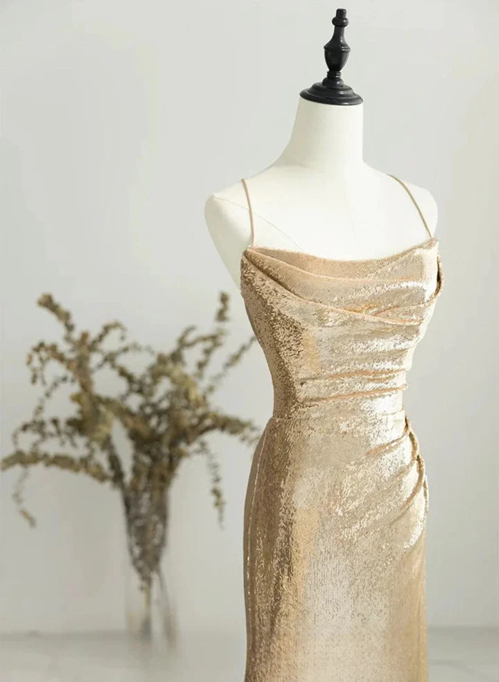 Chic Champagne Sequins Long Prom DressSequins Champagne Formal Dress