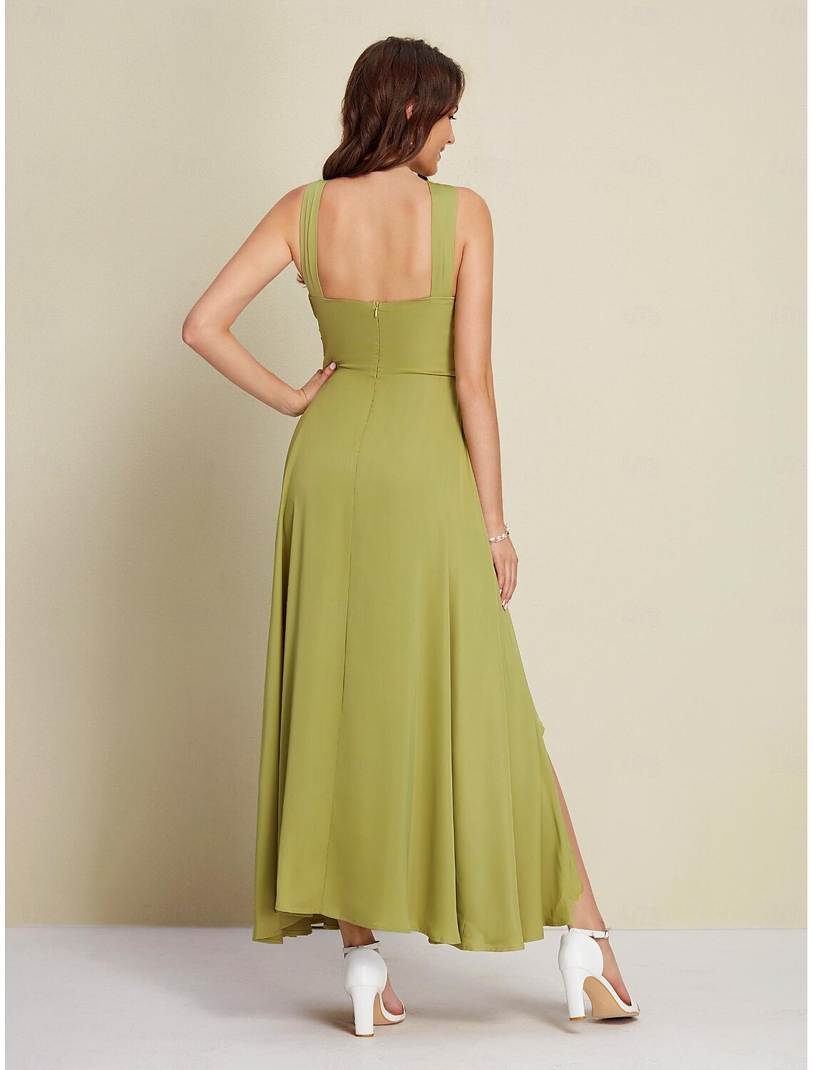 Women's Army Green Maxi Party/Wedding Guest /Cocktail Dress Satin Green Halter Neck Front Slit Cut-out Asymmetrical Ruffle dress to impress