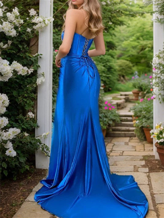 Royal Blue long slit strapless backless floor standing evening gown