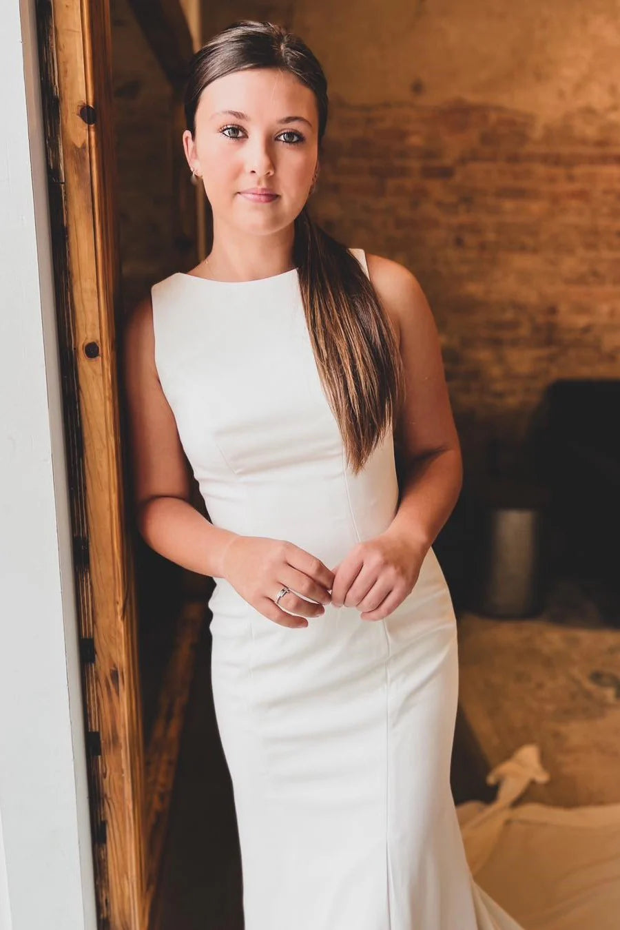 White Bateau Cutout Back Long Wedding Dress