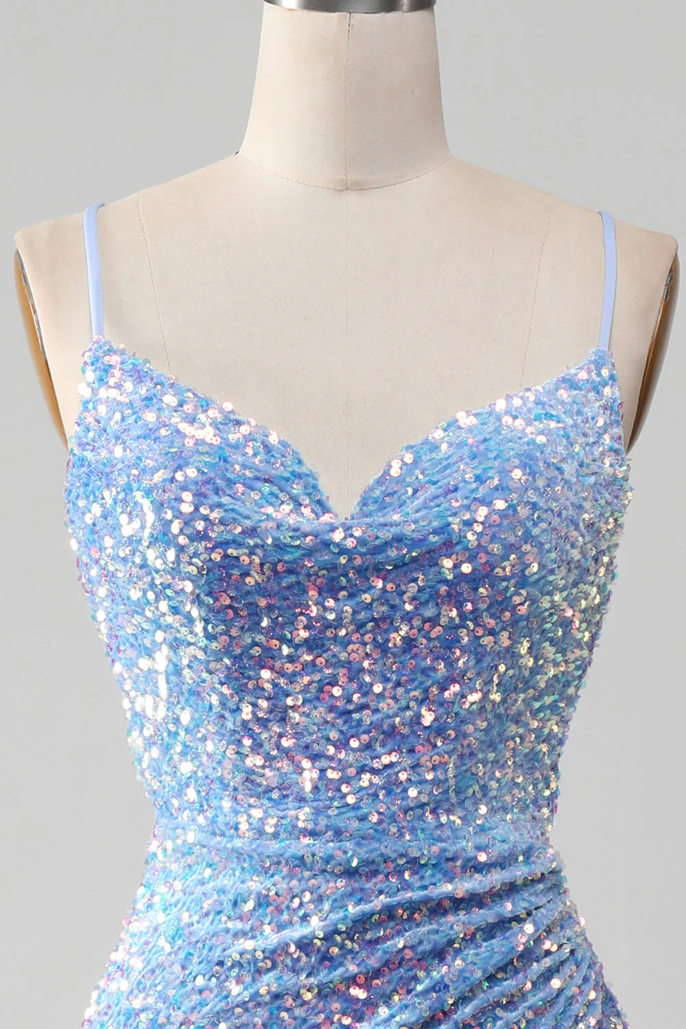 Light blue long sequined slim shoulder mermaid slit dance dress