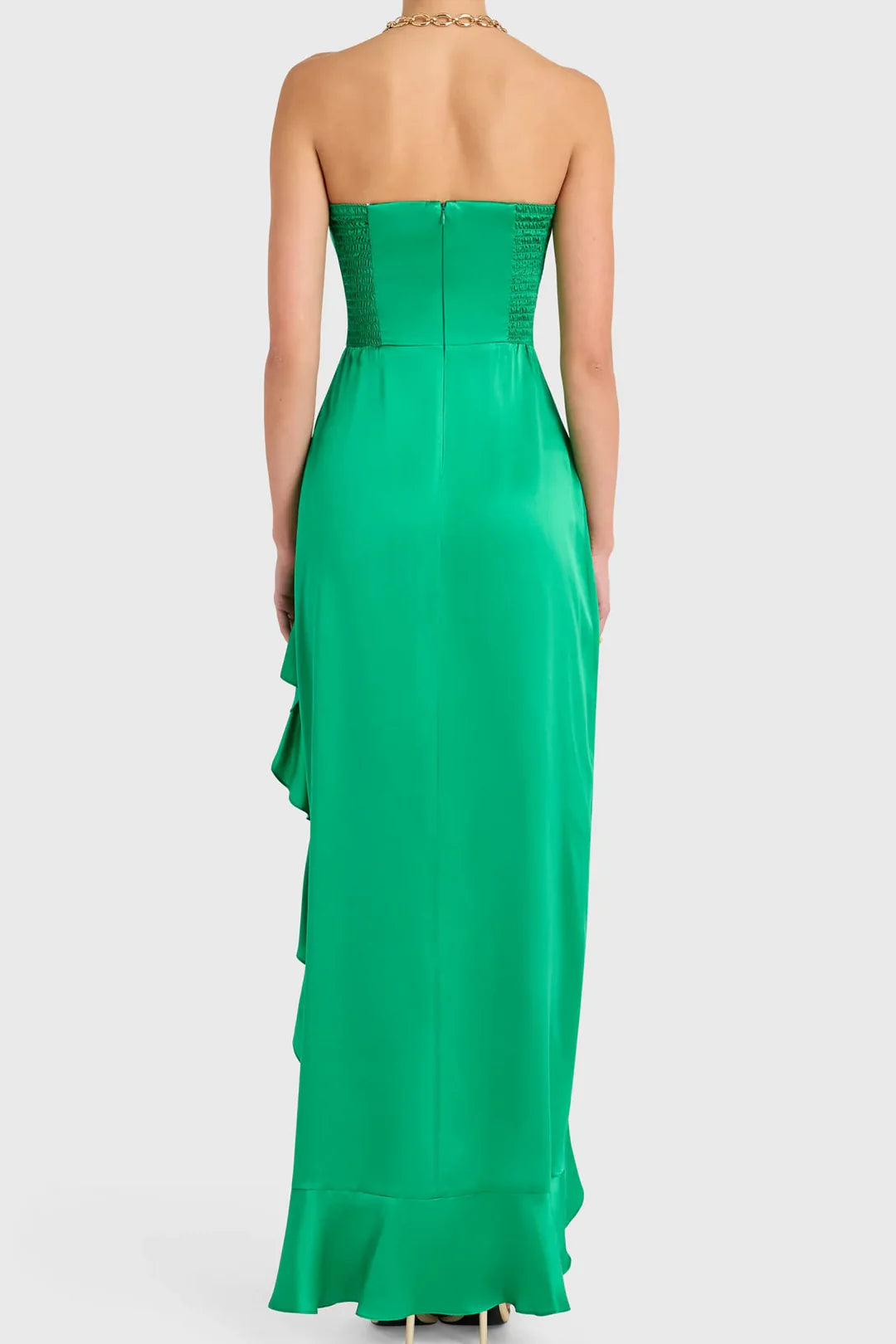 Green Strapless Ruffles Side Slit Satin Formal Prom Dress