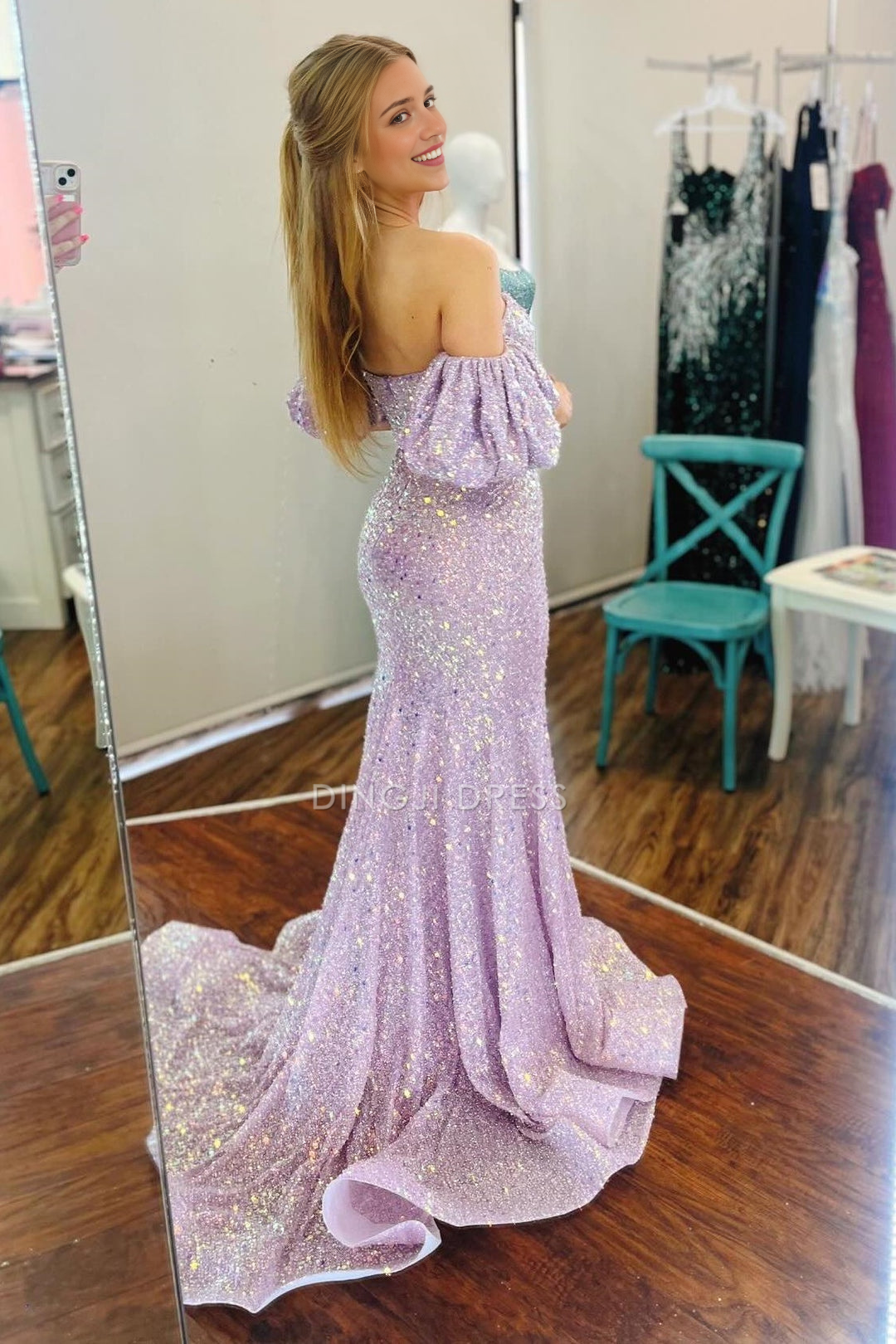 DingJiDress Formal Dress Elegant Mermaid Sparkly Sweetheart Short Sleeves Off Shoulder Sequins Prom Dress